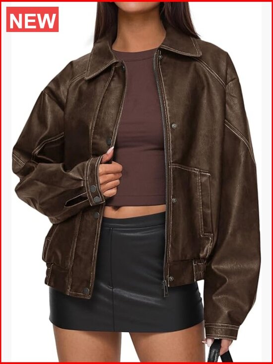 Jackets & Blazers - Faux Leather Jacket Women Bomber Motorcycle Zip Up Oversized